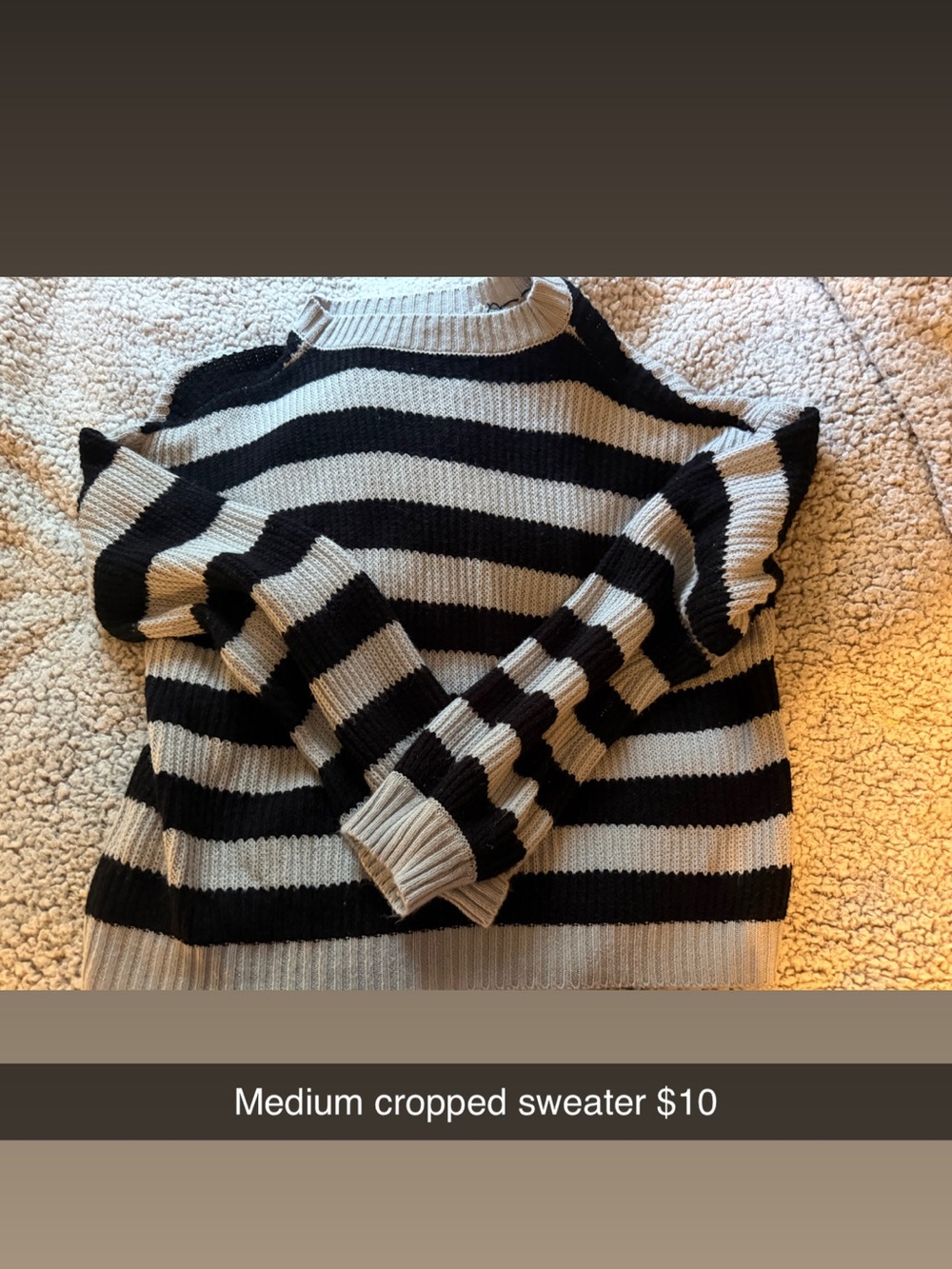 Cropped Black and Cream Striped Crewneck Sweater - Women